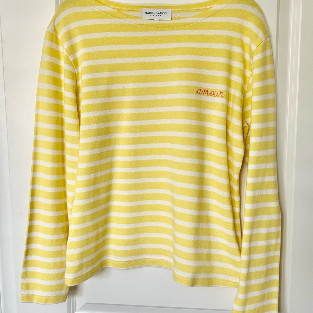 Maison Labiche, Paris, “amour” Yellow & White Striped Long Sleeve Tee Shirt